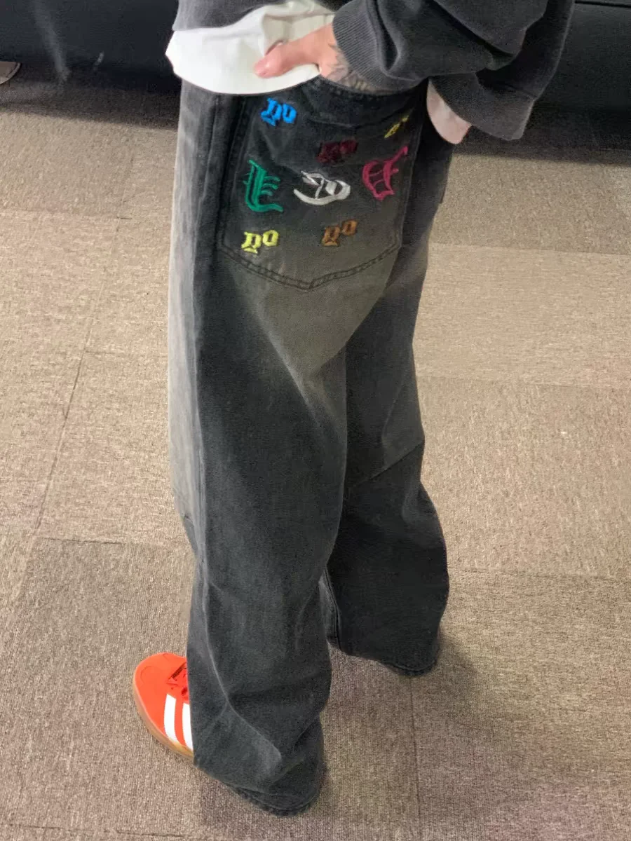 

Винтажные свободные прямые джинсы с вышивкой в американском стиле High Street в готическом стиле, мужские модные брендовые повседневные брюки