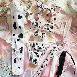 Women Cosplay lingerie underwear Lolita Bra and Panty Set Japanese Anime COS Flannel Cute Sexy Cow Lace Up Bandage Bikini Bras