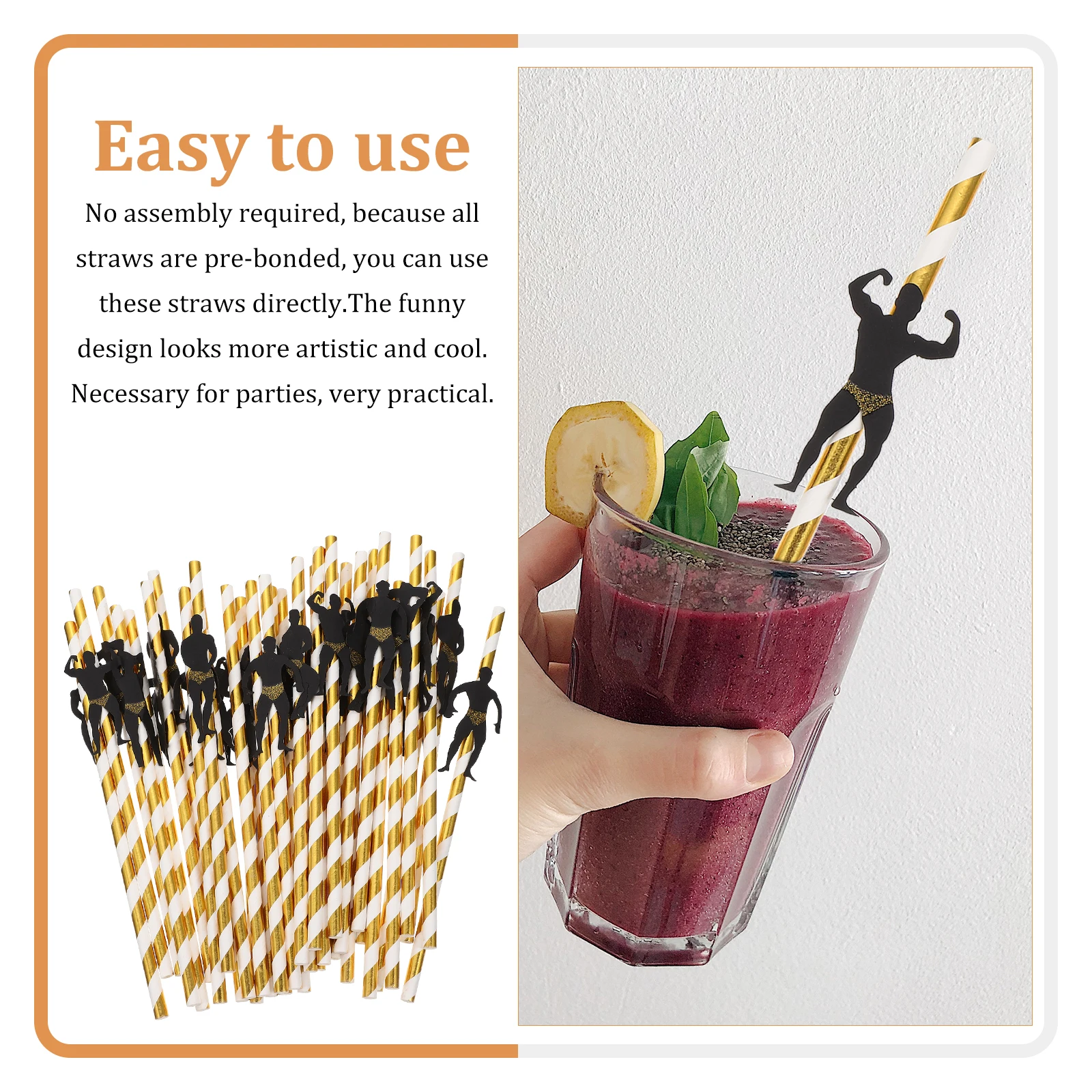 

36pcs Golden Paper Straws Funny Party Decorative Bachelorette Birthday Drinking Bar Use Muscular Male Design Party Supplies