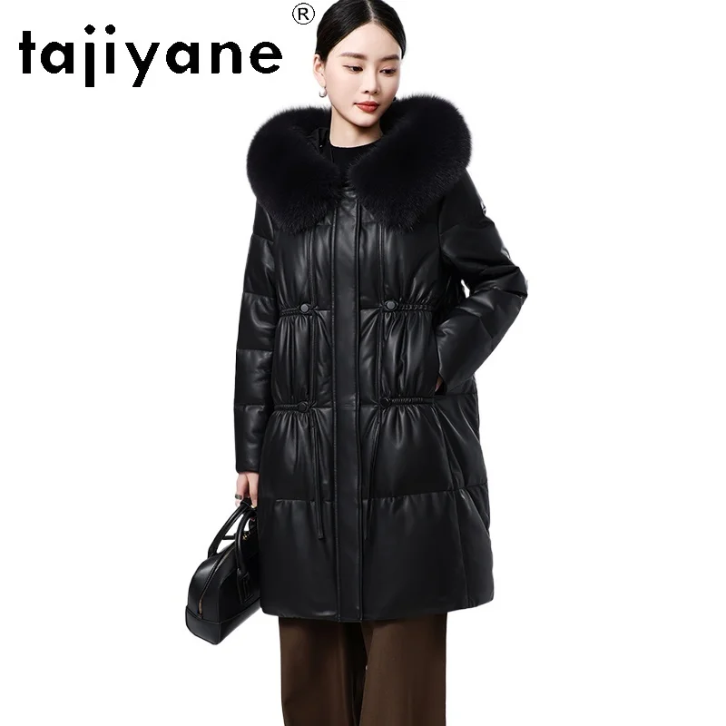 TAJIYANE 100% abrigo de piel de oveja para mujer, chaqueta elegante de cuero genuino negro, chaquetas acolchadas de longitud media, ropa de invierno para mujer 2025