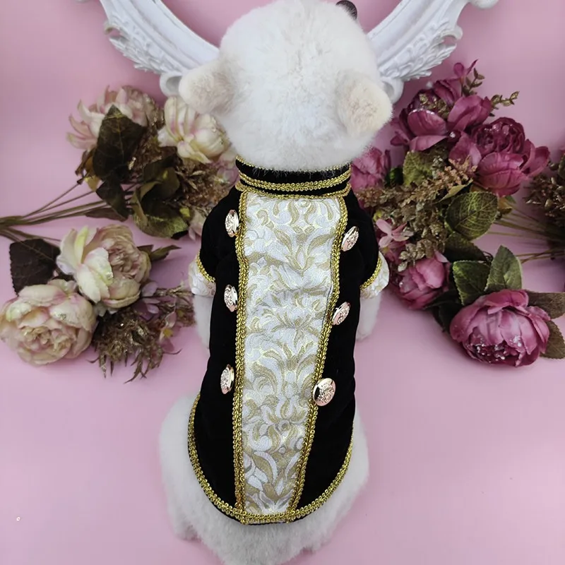 Luxury Gold Trim Patchwork Dog Formal Coat Vintage Brocade Back Pet Gentleman Jacket for Small Dogs and Cats Pet Clothes