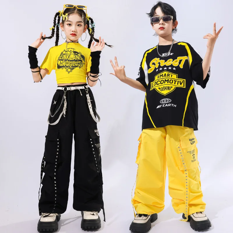 Ragazze Hip Hop Giallo Crop Top Pantaloni cargo Set di vestiti Ragazzi Street Dance T-shirt a contrasto Bambini Costumi jazz Bambini Streetwear