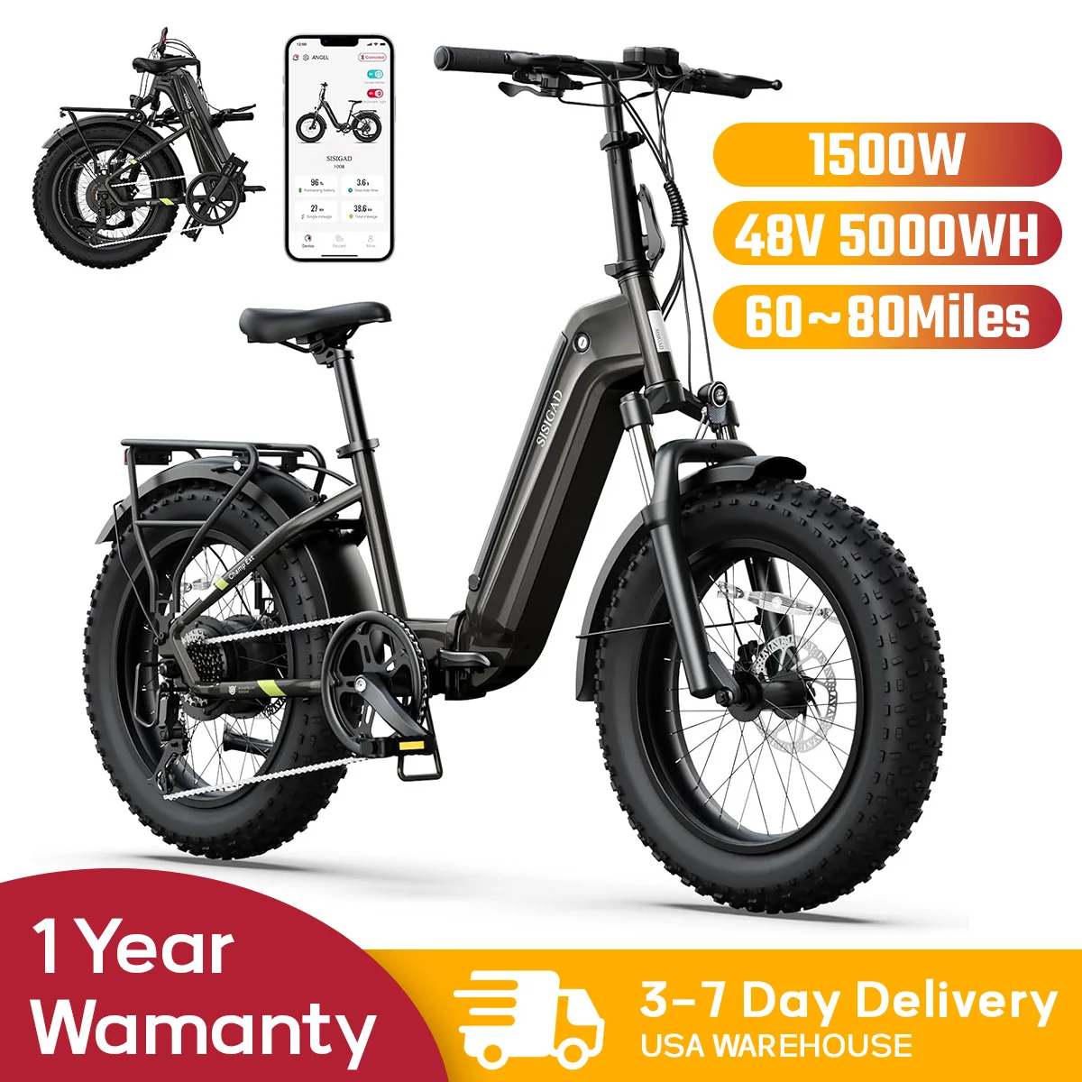 

Складной электрический велосипед SISIGAD F008 с двигателем мощностью 1500 Вт, максимальной скоростью 28 миль в час и аккумулятором 48 В/500 Втч с дальностью действия 60–80 миль.