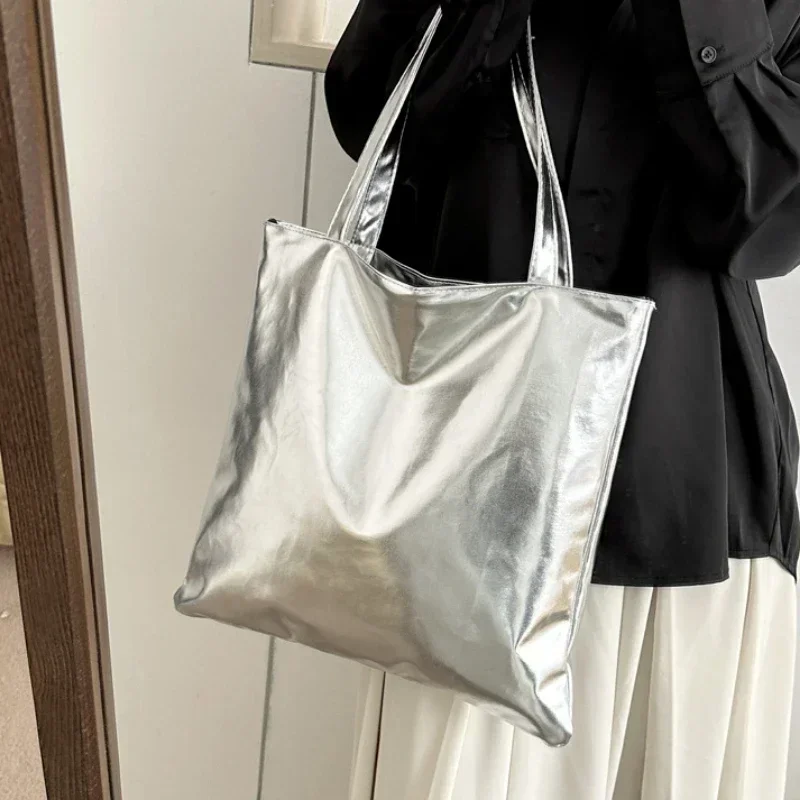 Glossy Tote Bags for Women Fashion High Capacity Shopping Pouch PU Leather Handags Shiny Casual Female Purse Girls Shoulder Bag