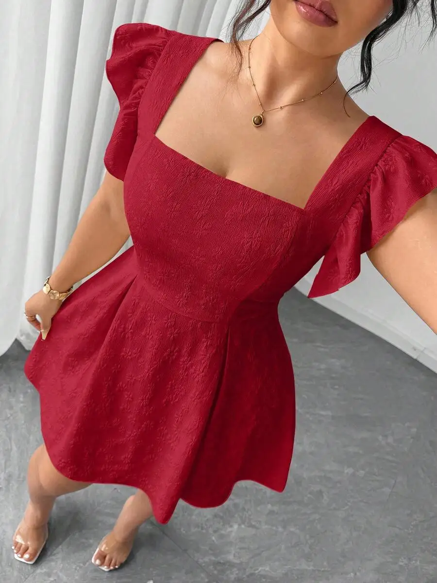 

Elegant Red Square Neck Cap Sleeve Jacquard Ruffle Waist Mini Dress