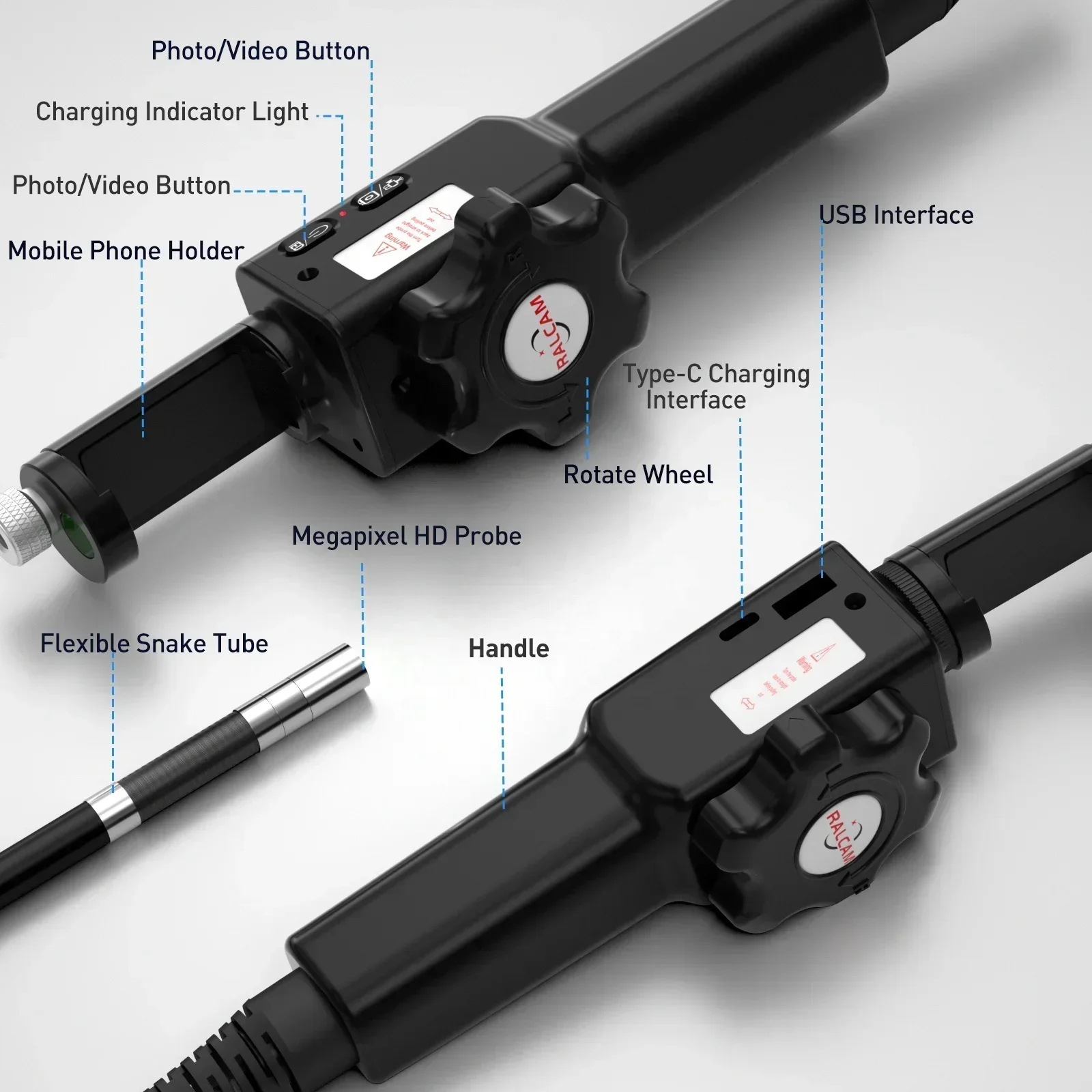Kamera Borescope 360 Derajat F408A, Artikulasi Borescope dengan Sistem Ganda Android dan IOS, Borescope Mobil