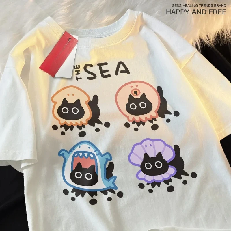 Koszulka damska Ocean Cat Triple Cartoon Pattern, koszulka domowa z kreskówką, popularna młodzieżowa koszulka retro, śmieszna koszulka z krótkim rękawem Y2K