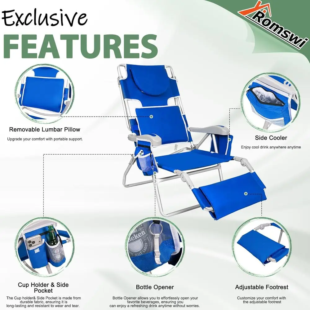 3 in 1 each Chair with ace Hole, Reclining Sun Tanning LounChair with oot Rest, Cooler ag & Cup Holder or Outdoor,Royal lue view 6