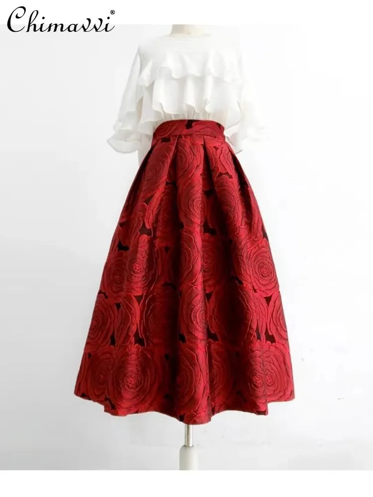 

French Style Elegant Hepburn Red Puffy High Waist A-Line Skirts Fashion Temperament Versatile Long Skirt for Women Spring 2026