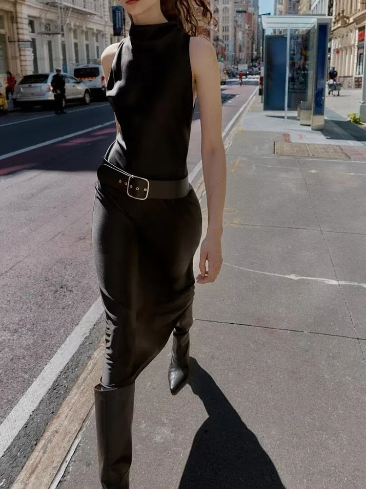 High-End Zijde Satijn Textuur Midi Dr Nieuwe Collectie Dames Faion Herfst Seizoen Kleur Hoge Taille Ronde Neline Sve...