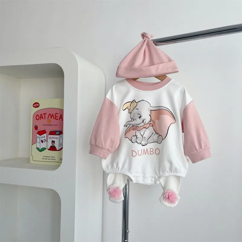 New Spring Autumn Baby Girl Boy Bodysuit Sets Long Sleeves Mickey Mouse, Donald Duck, Flying Elephant Jumpsuit Leggings Cap K892