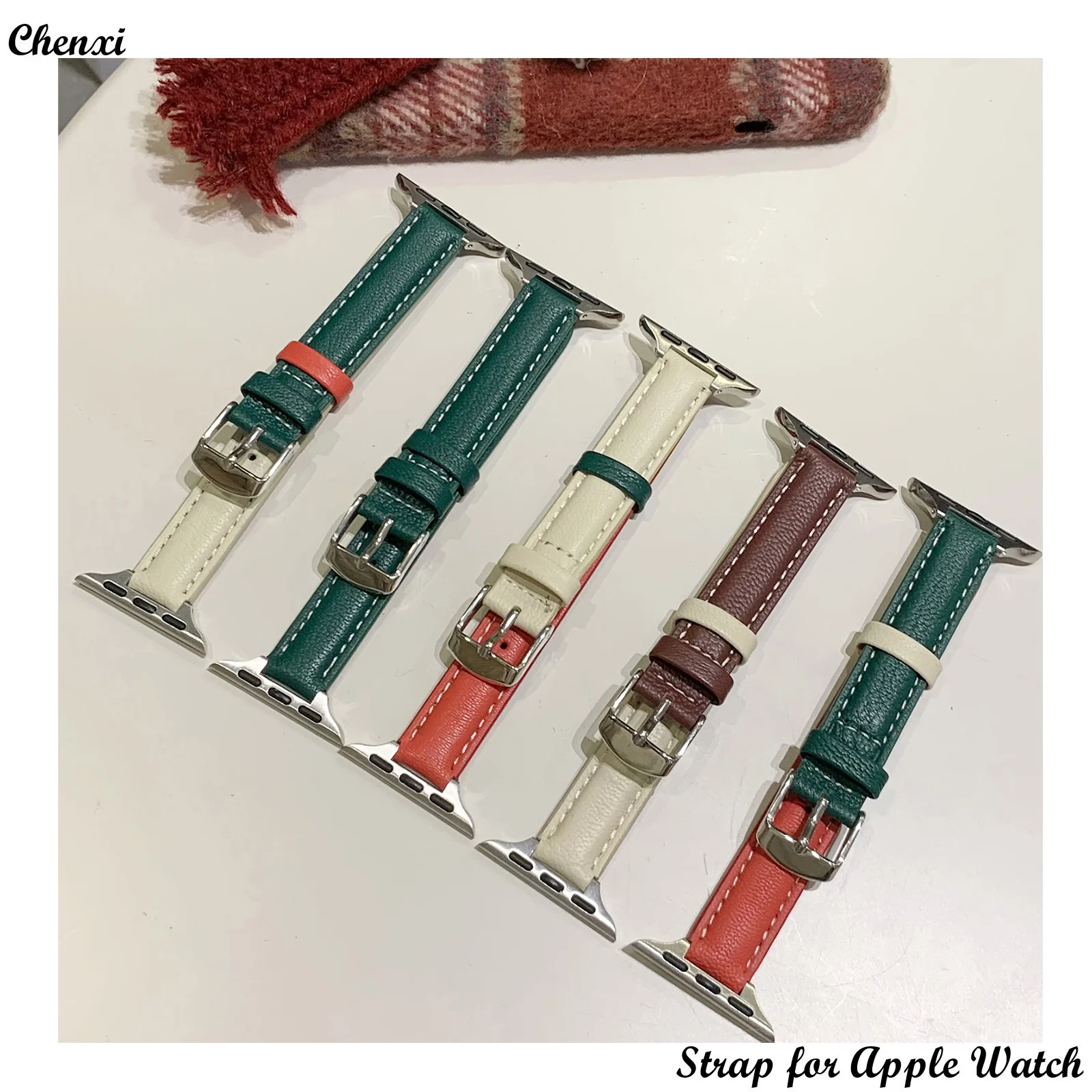 

Leather strap for Apple watch band christmas lambskin chain Iwatch 42 40 44 45mmColor contrast wrist for smart watch 20mm 22mm