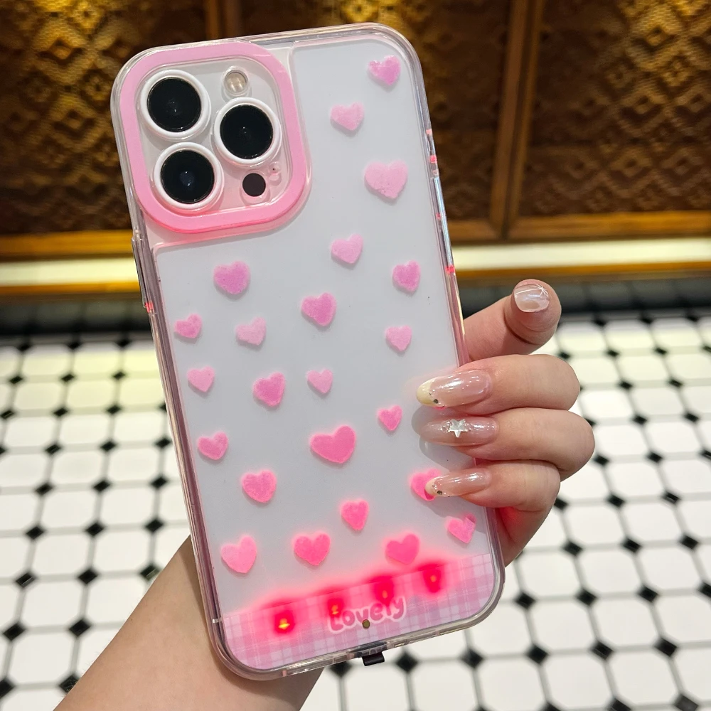 

5 Color Luminous Call Light Up Flash Love Heart Phone Case For iPhone 16 15 13 12 11 14 17 Pro Max Plus Air Shockproof Cover