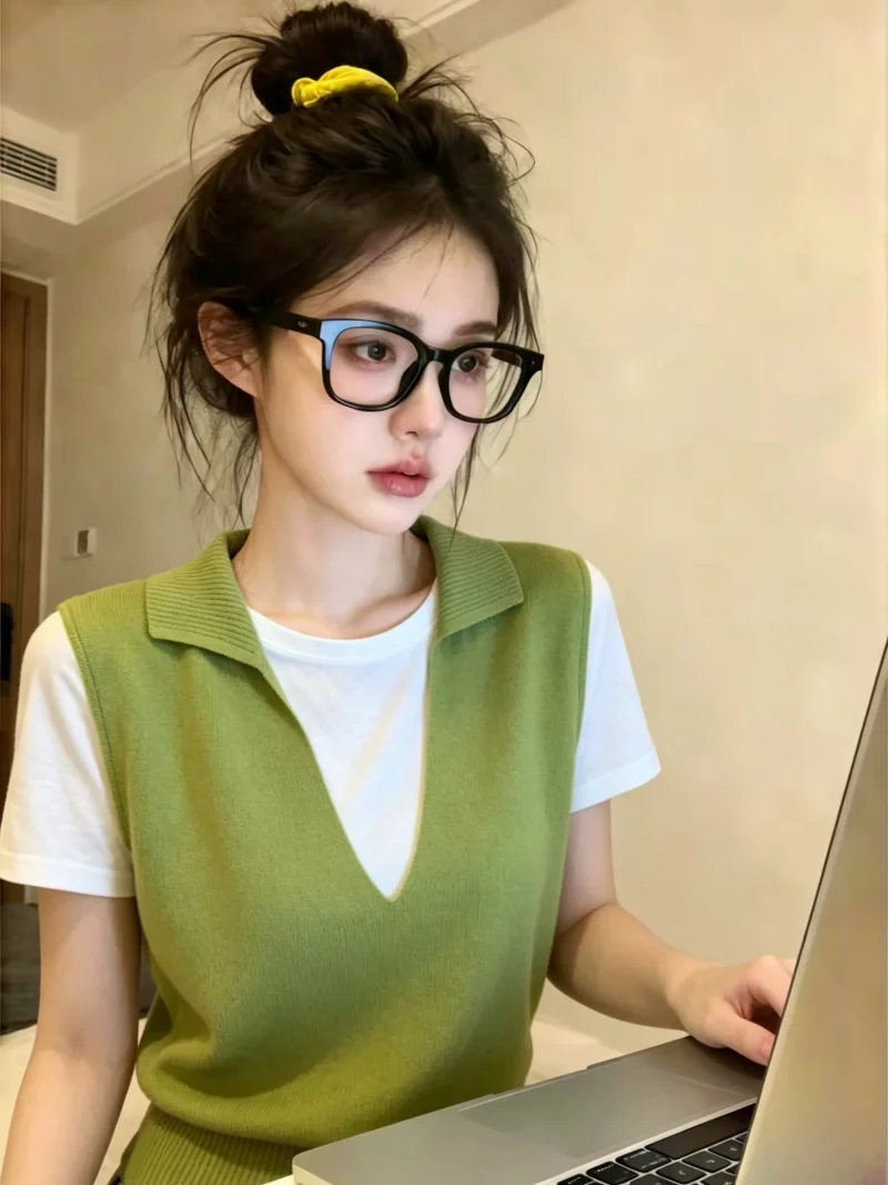 

Korean Style Knitted Short Sleeve Neck Fake Two-Piece Slimming Top Summer New Arrival Versatile Straight Cut Silk Blend