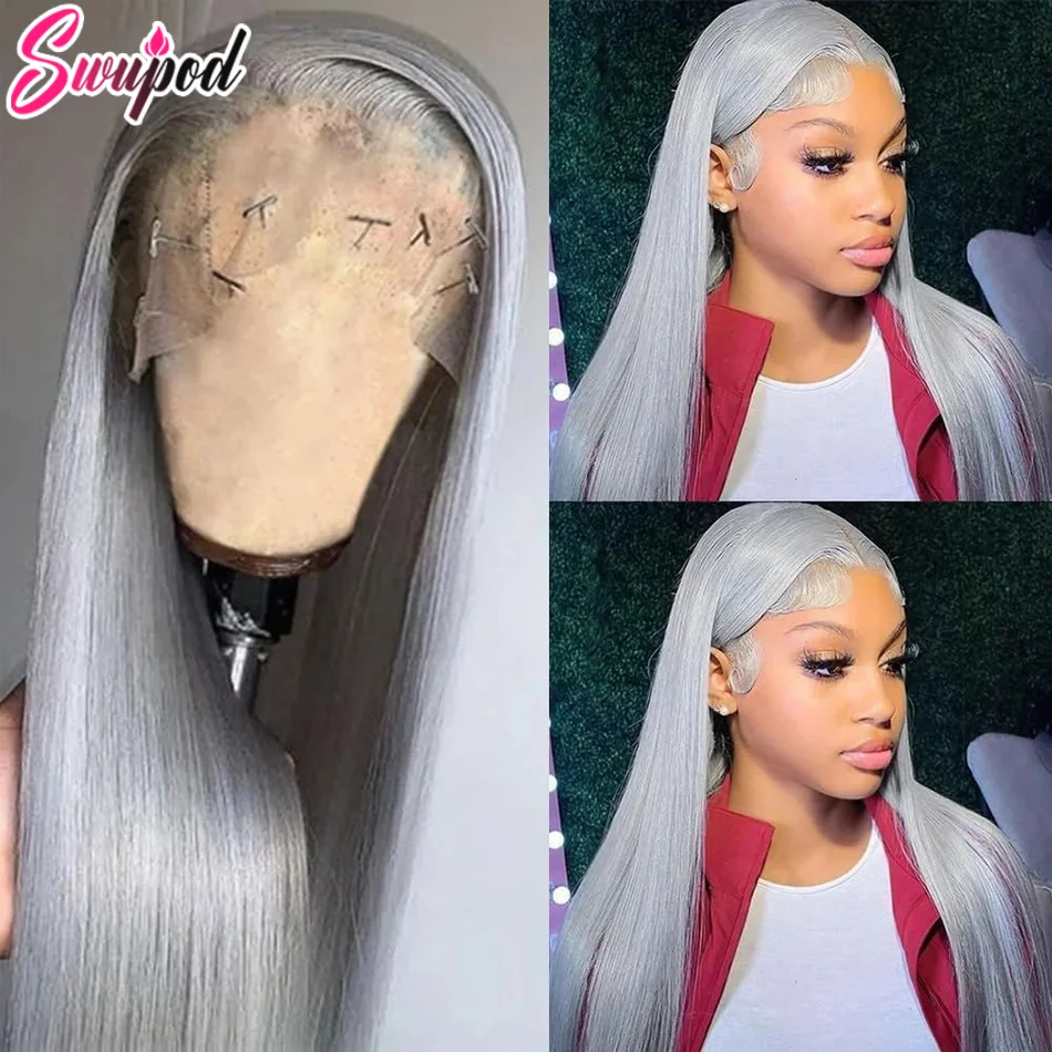 36inch 250% Silver Grey HD 13x6 Straight Lace Front Human Hair Wigs Pre Plucked 13x4 Transparen Frontal Wigs For Women Brazilian