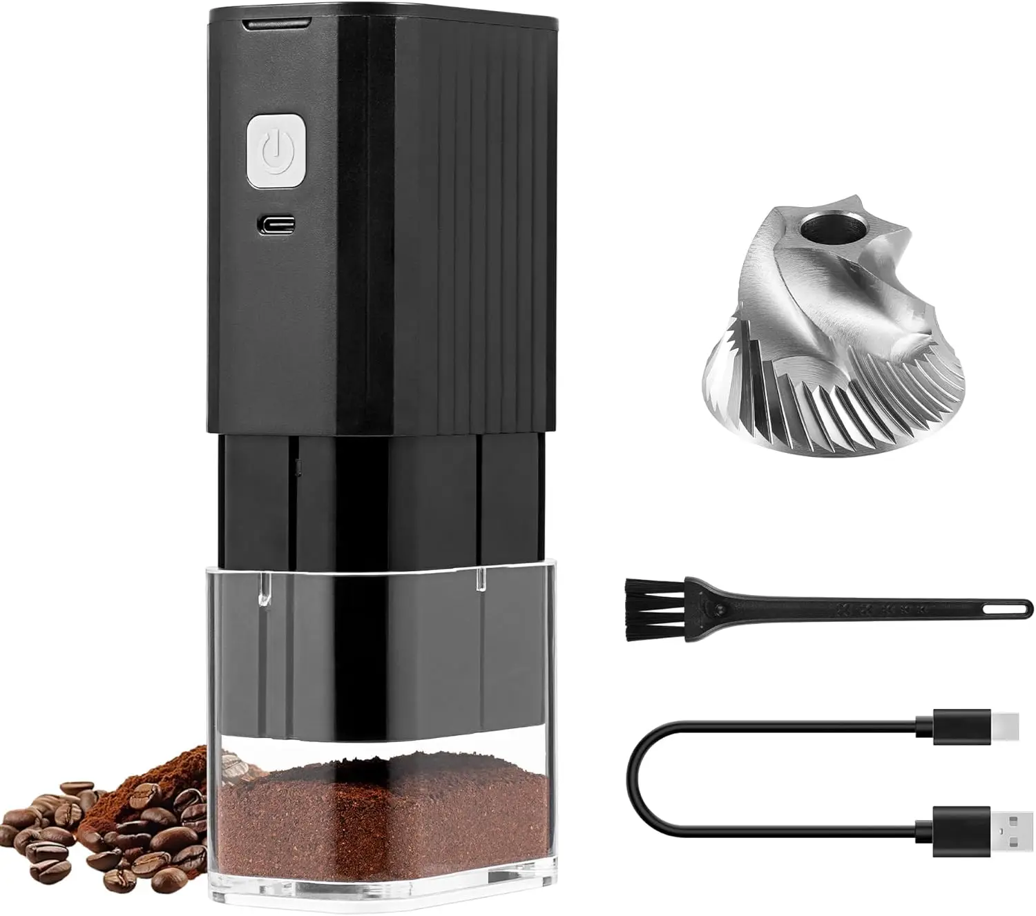 

Portable Electric Coffee Grinder,Adjustable Stainless Steel Burr Coffee Bean Mill,One-Button Grinder with USB Rechar ab