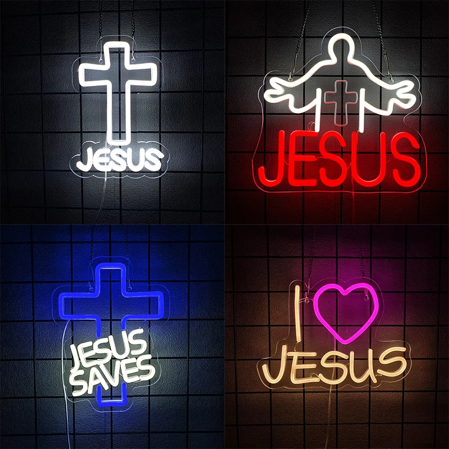 Jesus Cross Led Neon Sign, Godfather Icon Church Wall Decor, Used For Bedroom Living Room Wedding Party Religious Easter Gift.