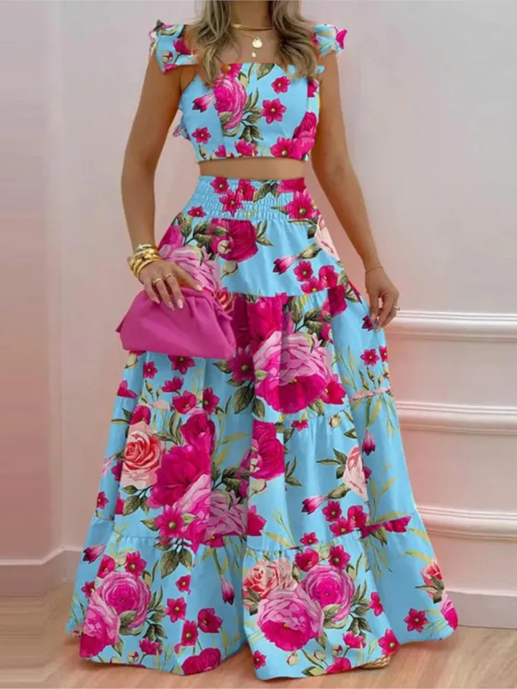 

Skirt Y2k Two Piece Set Womans Clothing New 2025 Spring Summer Elegant Sexy Collage Sleeveless Ruffle Top And Longuette Suits