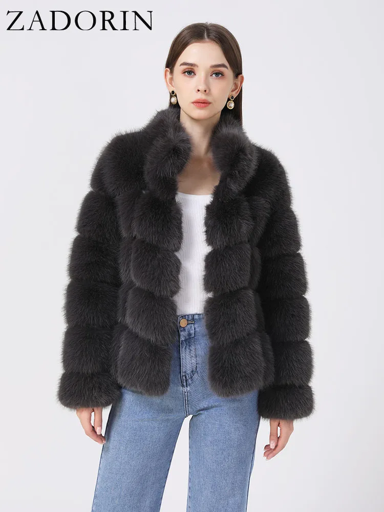 ZADORIN Winter Clothes For Women Stand Collar Splicing Long Sleeve Faux Fur Coat Women Black White Fluffy Jacket Faux Fur Coats