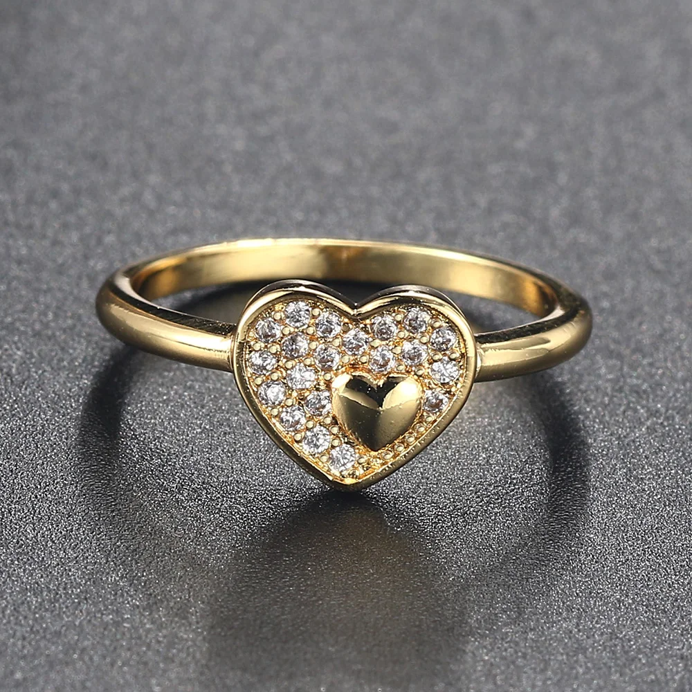 Unique Women\'s Ring Heart Shape Korean Style Micro Inlaid Zircon Delicate Simple Gold Color Wedding Rings Kpop Accessories R763