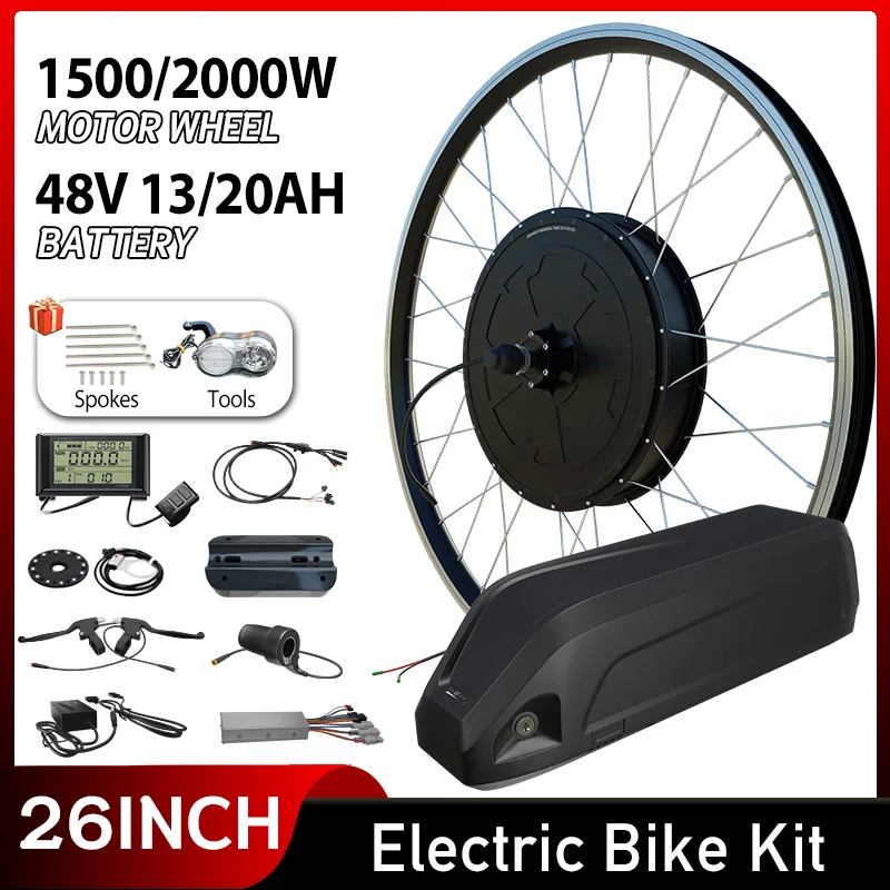 

Комплект крышки для электрического велосипеда, 26-дюймовый размер колеса, комплект для электровелосипеда, бесщеточный двигатель для длительной езды, безредукторный двигатель, 13/20 Ач, литиевая батарея, водонепроницаемая