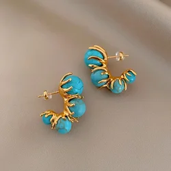 French new design fashion jewelry 14K gold plated C-type stone earrings modern women's daily work accessories