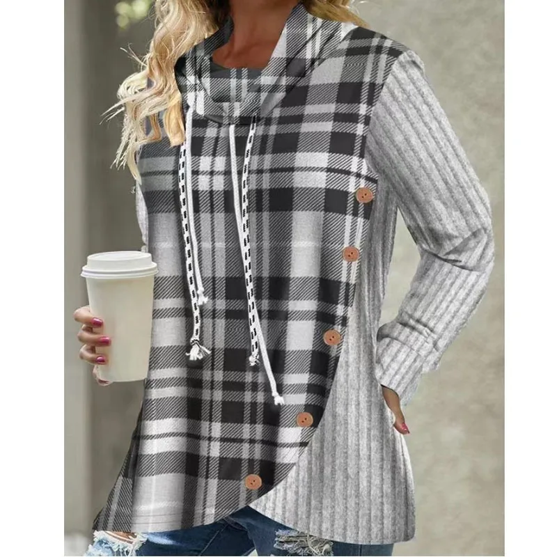 

2023 New Autumn Fashion Simple Casual Hooded Drawstring Plaid Long Sleeve Temperament Commuter Pullover Women's Button Sweater