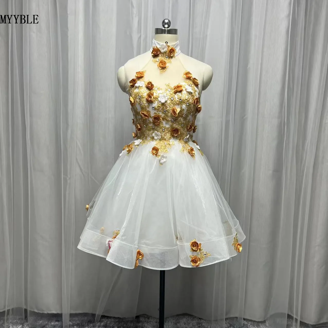 

2022 Custom Made High Neck Short Homecoming Dresses Flower Pearls Real Princess Birthday Mini Prom Graudation Cocktail Gowns