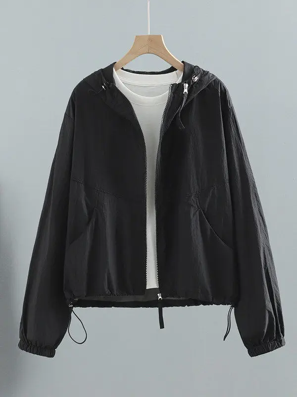 Small Size Women's Summer Thin Breathable Hooded Sun Protection Outerwear Cool Casual Polyester Fiber Long Sleeve Zipper Jacket