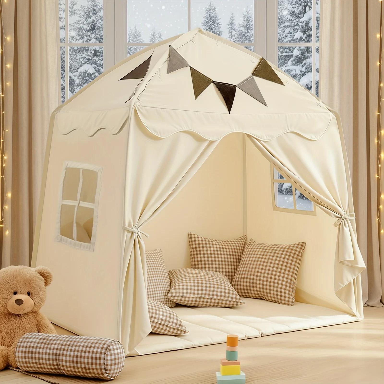 Extra Large Kids Play Tent with Flags, Portable & Foldable Teepee, Indoor Outdoor Dome Tent Playhouse, Bed Tent Bed Canopy