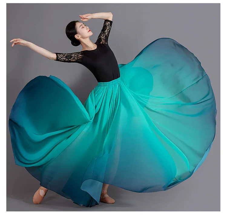 Women's 360-720 Degrees Big-hem Dance Skirts Gradient Color Chiffon Maxi Skirts Elastic-waist Elegant Square Dance A-line Skirts