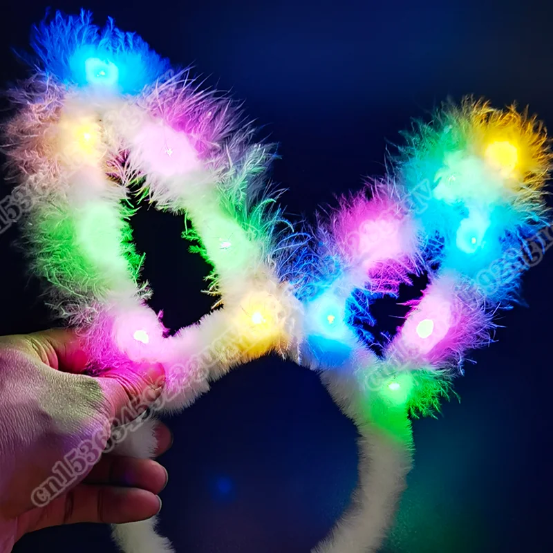 

5pcs LED Feather Rabbit Ear Headband Light-Up Bunny Ear Hairband Hair Hoop Luminous Headdress for Women Girls Wedding Glow Party