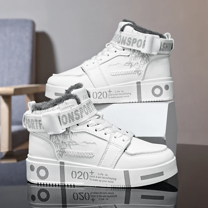 

Kids Fashion High Top Sneakers Boys White Canvas Shoes Winter Warm Fleece Lining Anti Slip Sole Print Chinese Leather Sneaker