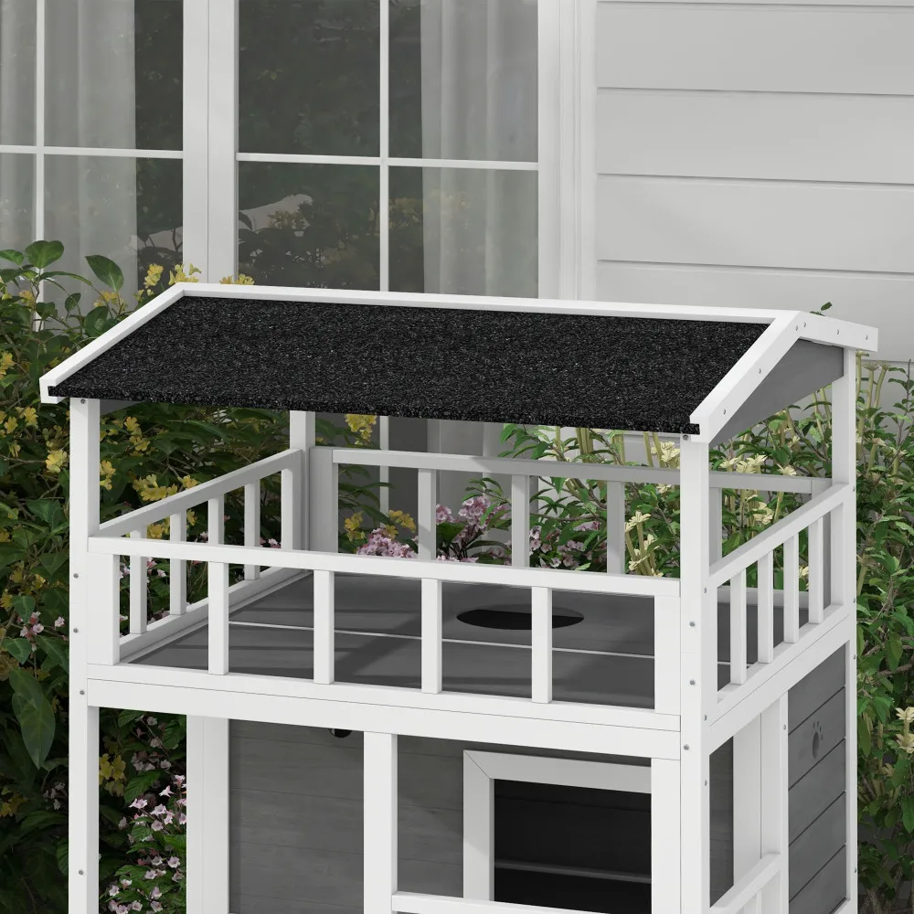 PawHut Wooden Outdoor Cat House: Feral Cat Shelter Kitten Condo with Asphalt Roof, Escape Doors, Jumping Platform, Light Gray view 3