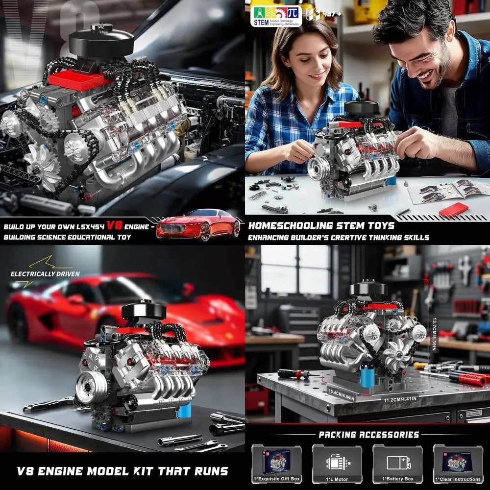 Kit de modelo de motor V8 en miniatura DIY: construye tu propio motor de coche corriendo para adultos, juguete STEM y exhibición coleccionables