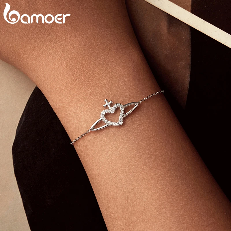 BAMOER 925 Sterling Silver Infinity Heart Bracelet, Cross Bracelet Fine Jewelry Birthday Gifts for Women, White Gold Tone Finish