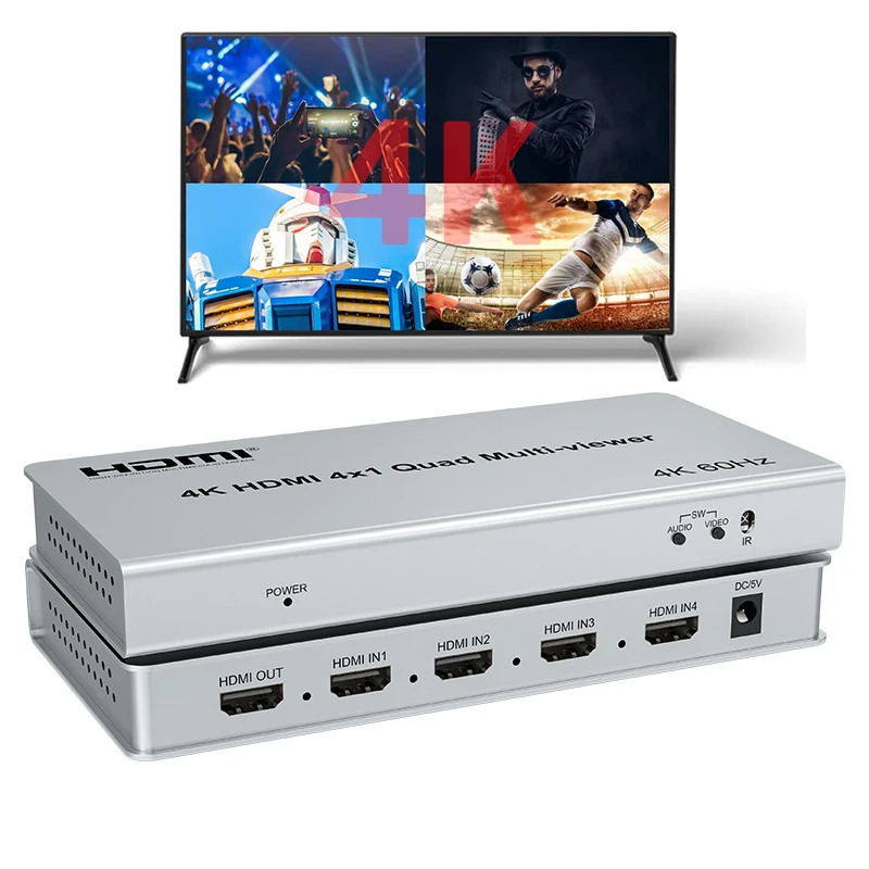 

4K HDMI Quad Multi Viewer 4 in 1 out Seamless Switcher 4K 60Hz HDMI Screen Multiviewer 8 Display Mode Support PIP,90 Degree Flip