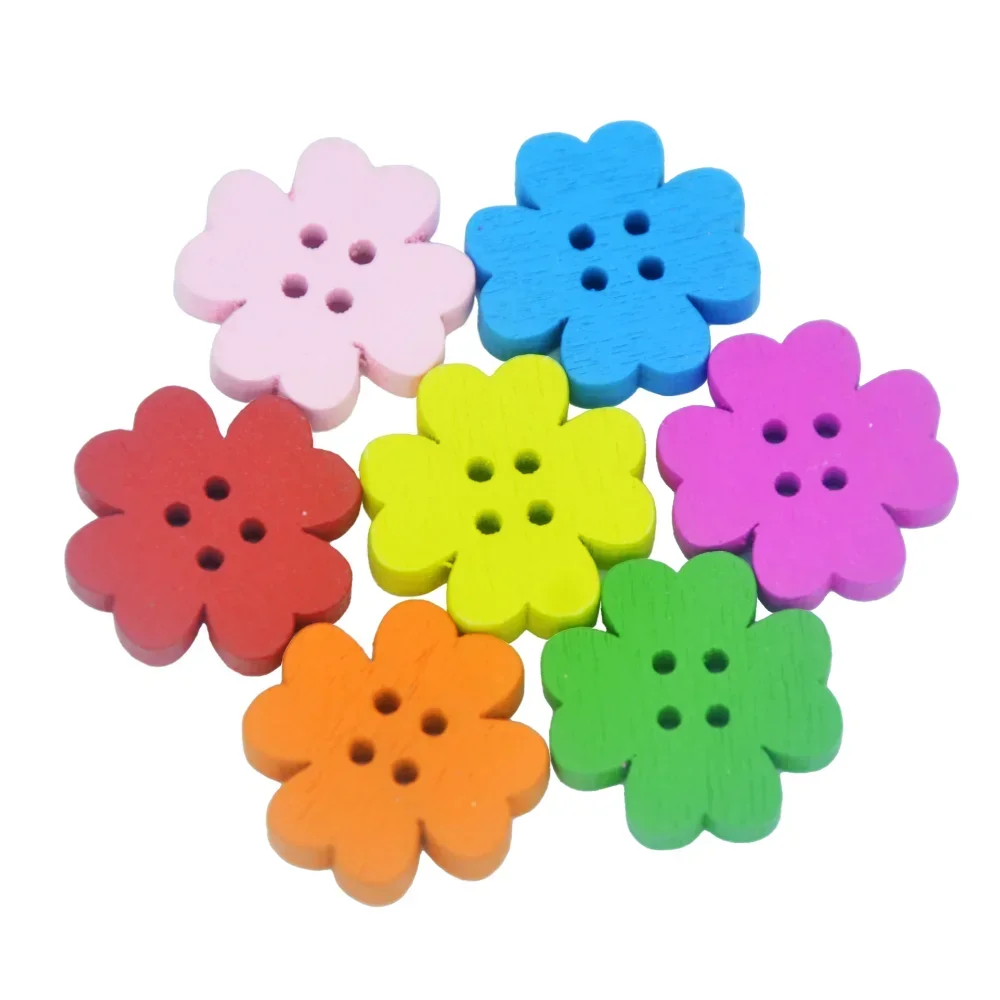 20pcs Four-Leaf Clover Wooden Button, Colorful 4-Hole Plum Blossom Design 20mm Cartoon Button for Children\'s Sweaters and Crafts