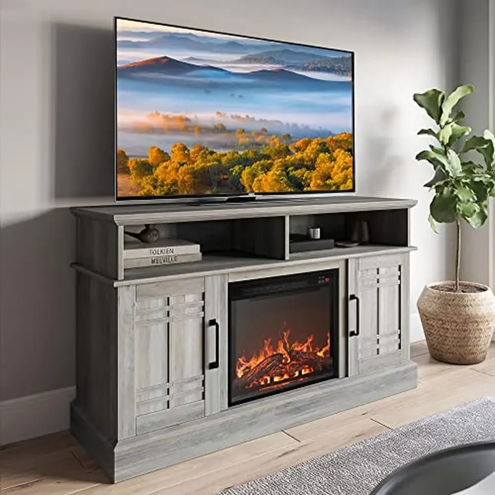 

Modern Electric Fireplace Entertainment Media Console TV Stand 50" TVs Open Shelves Cabinet Storage Grey Wood Grain Finish Safe