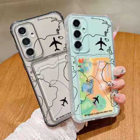 Air Route Pattern Clear Card Bag Wallet Case For Samsung Galaxy S24 S23 FE S22 Ultra A16 A55 A35 A25 A15 A54 5G Soft TPU Cover