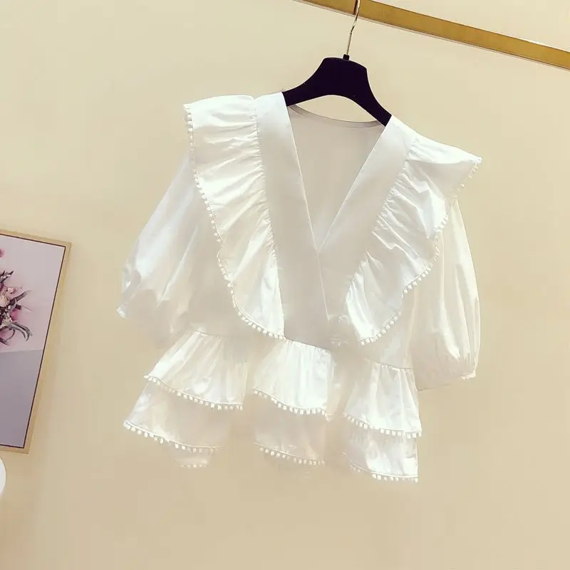 Sweet V-Neck Solid Color Ruffles Puff Sleeve Blouse Women Clothing 2023 Summer New Casual Pullovers All-match Office Lady Shirt