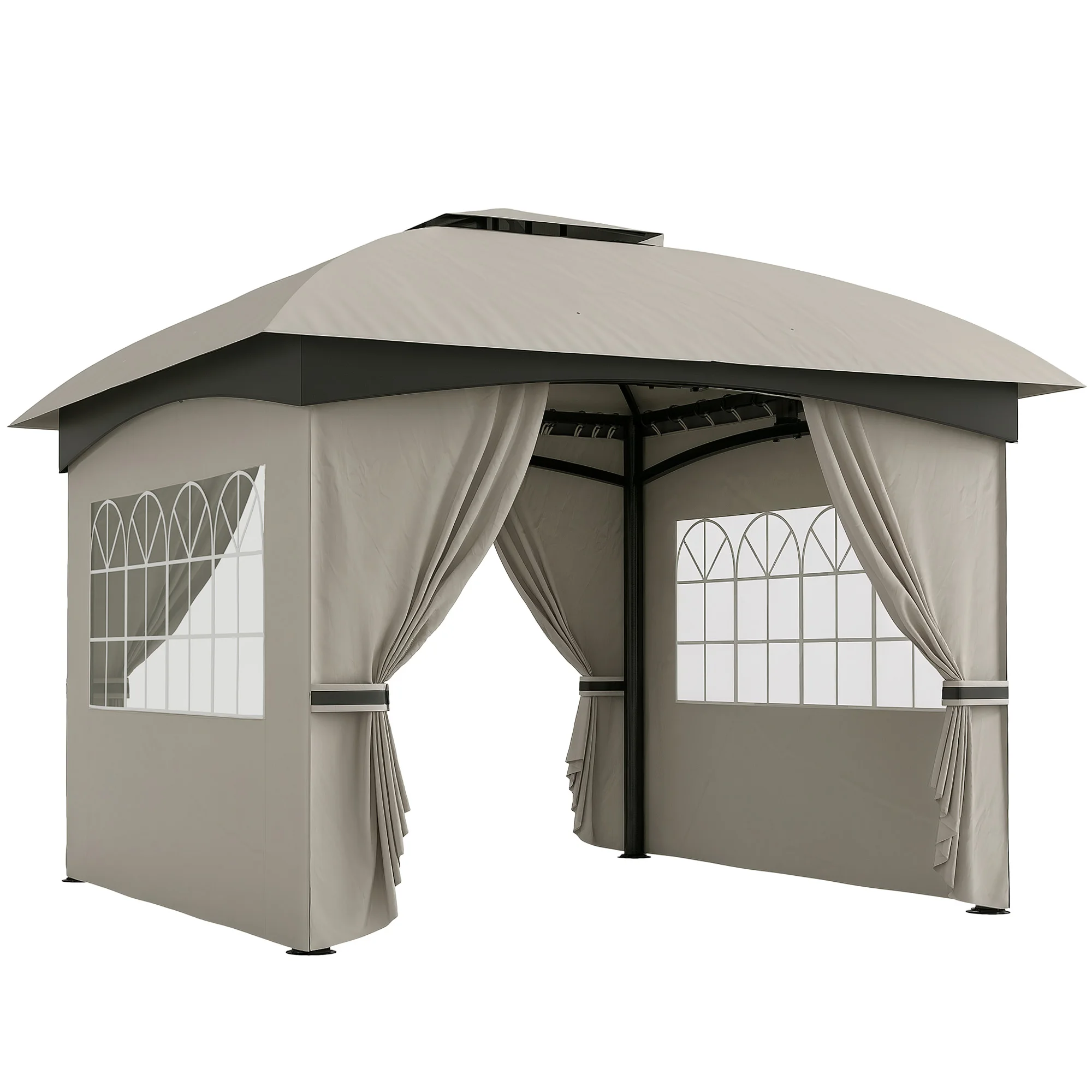 11' X 11' Outdoor Gazebo with Curtains, Church Windows Light Gray