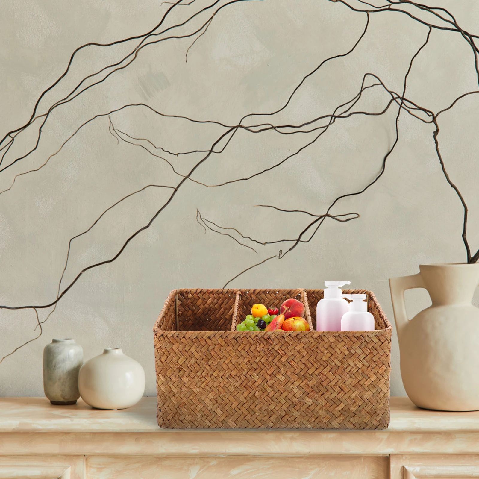 

Wicker Bathroom Storage Bins Bins Bathroom Counter Organizer 3-Grid Design Rustic Basket Toilet Tank Basket Decorative