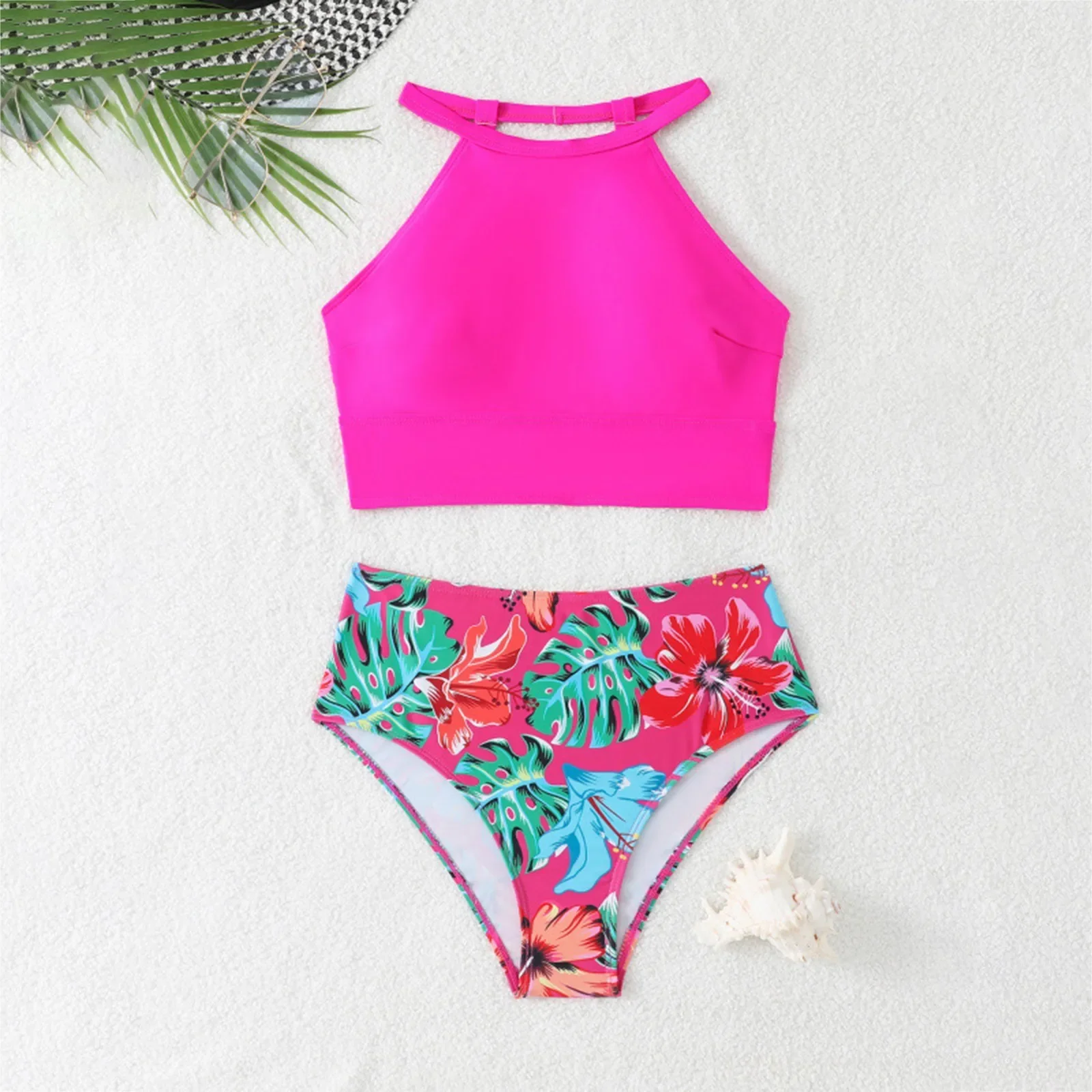 Nylonowy strój kąpielowy damski, bikini z wysokim stanem, sportowy dwuczęściowy strój kąpielowy, blok kolorów, wysokie wycięcie, trwały strój kąpielowy.