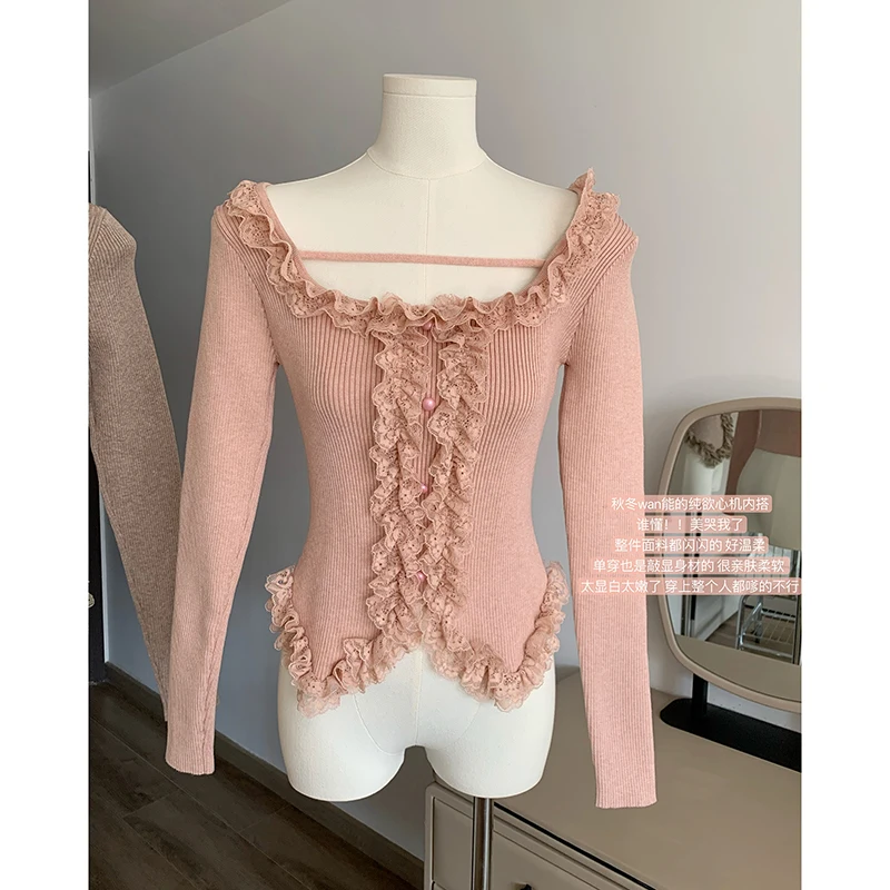 Women Knit Sweater Pink Pullover Sweet Square Necked Long Sleeve Lace Patchwork Tops Jumpers Y2k Knitwear Streetwear