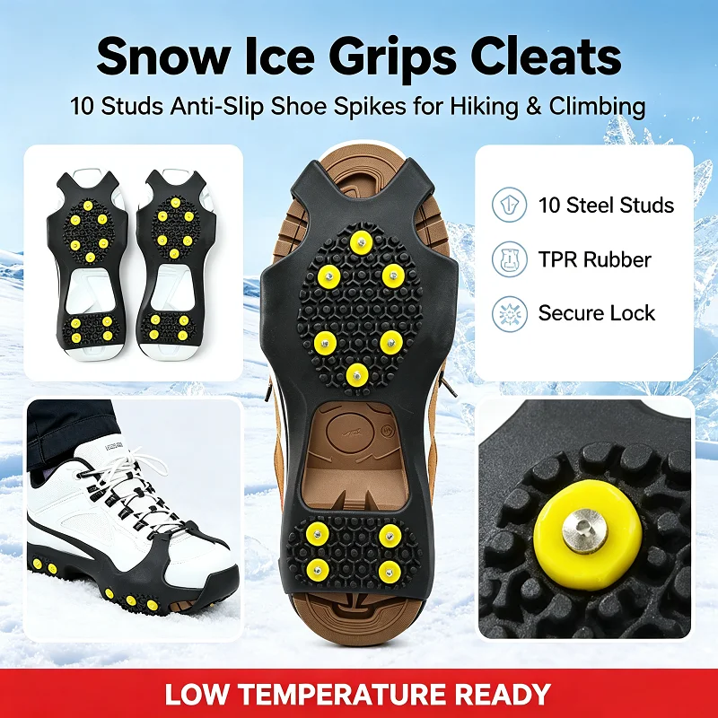 2PCS/1Pair 10-Teeth Ice Crampons Snow Grips TPR Rubber Anti-Slip Shoe Spikes Outdoor Hiking Walking Climbing Accessories FHBZ02