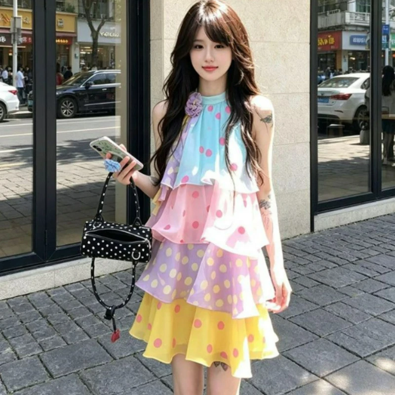Picture 5: Beach Vacation Style Sleeveless Hanging Neck Cake Skirt 2026 Summer New Fashionable Dopamine Colored Polka Dot Dress for Women