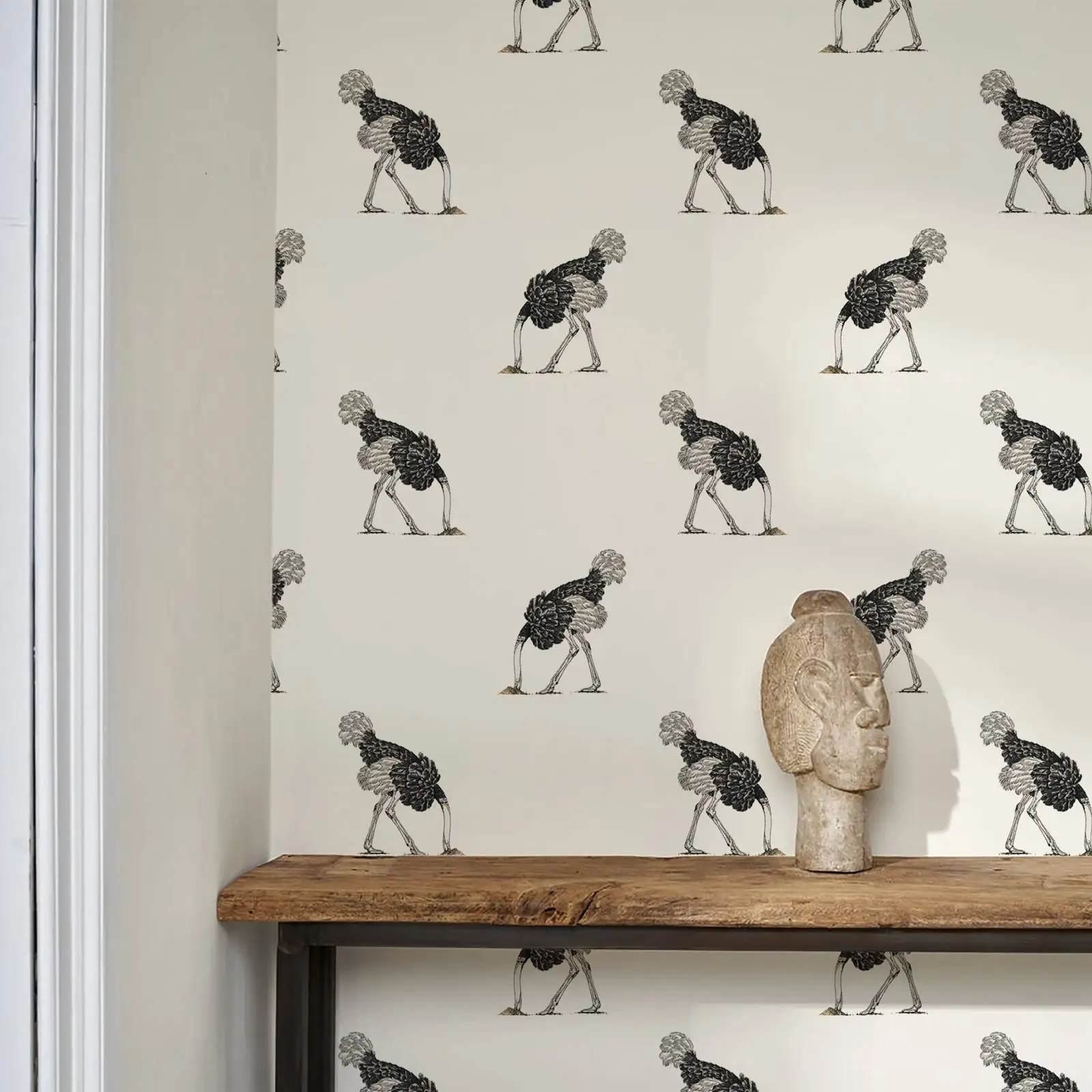 Cute Animal Wallpaper Peel and Stick,Black Ostrich Pattern In White Background Wall Papers,Home Decorations/Wall Art,Custom SIze
