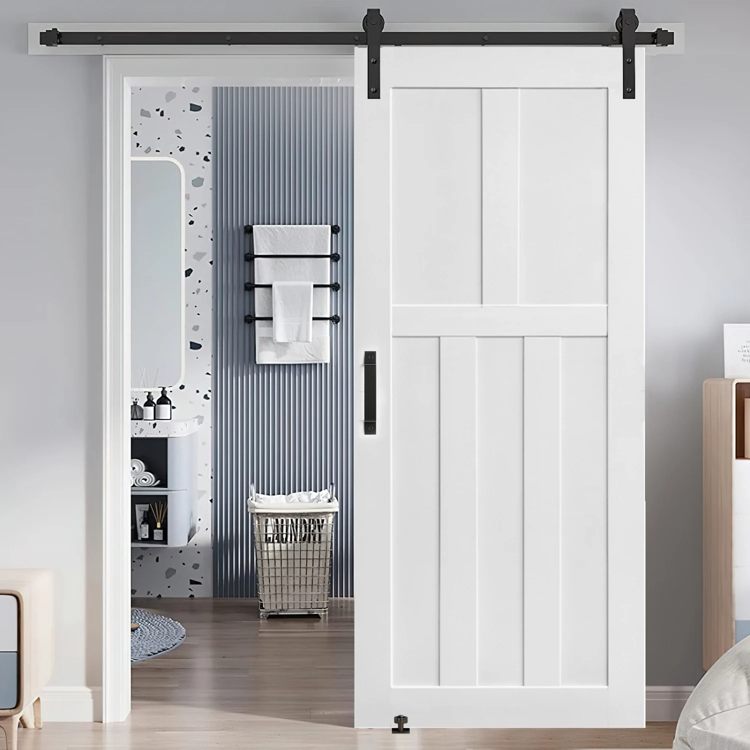 

CRAZY ELF 36" x 80" Five Panel Real Primed Door Slab + 6.6FT Barn Door Sliding Hardware + Adjustable Floor Guider + Pull Handle,