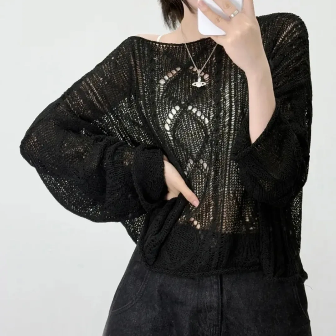 시크한 봄 니트 여성용 자외선 차단 얇은 오버코트 어깨 노출 트위스트 헤드 오버 풋웨어 패셔너블